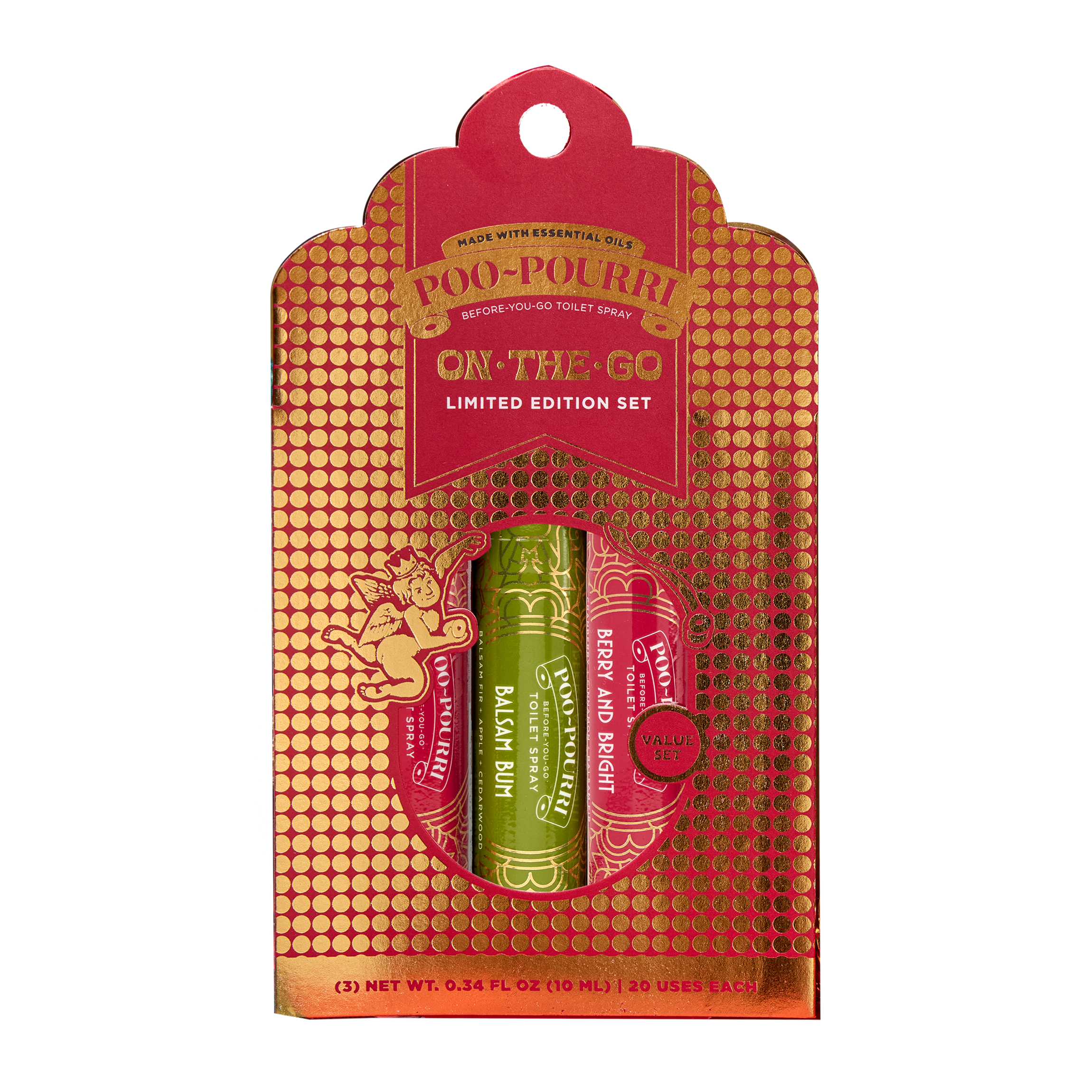 Poo-Pourri On-The-Go limited edition set wiht red and gold packaging