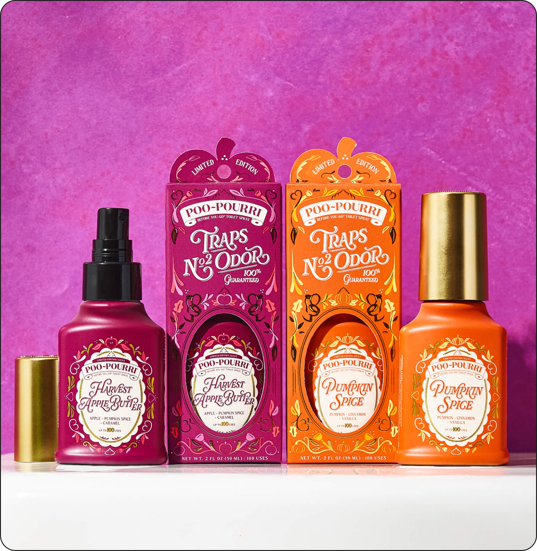 Poo~Pourri limited time fall scents set against a textured purple background.