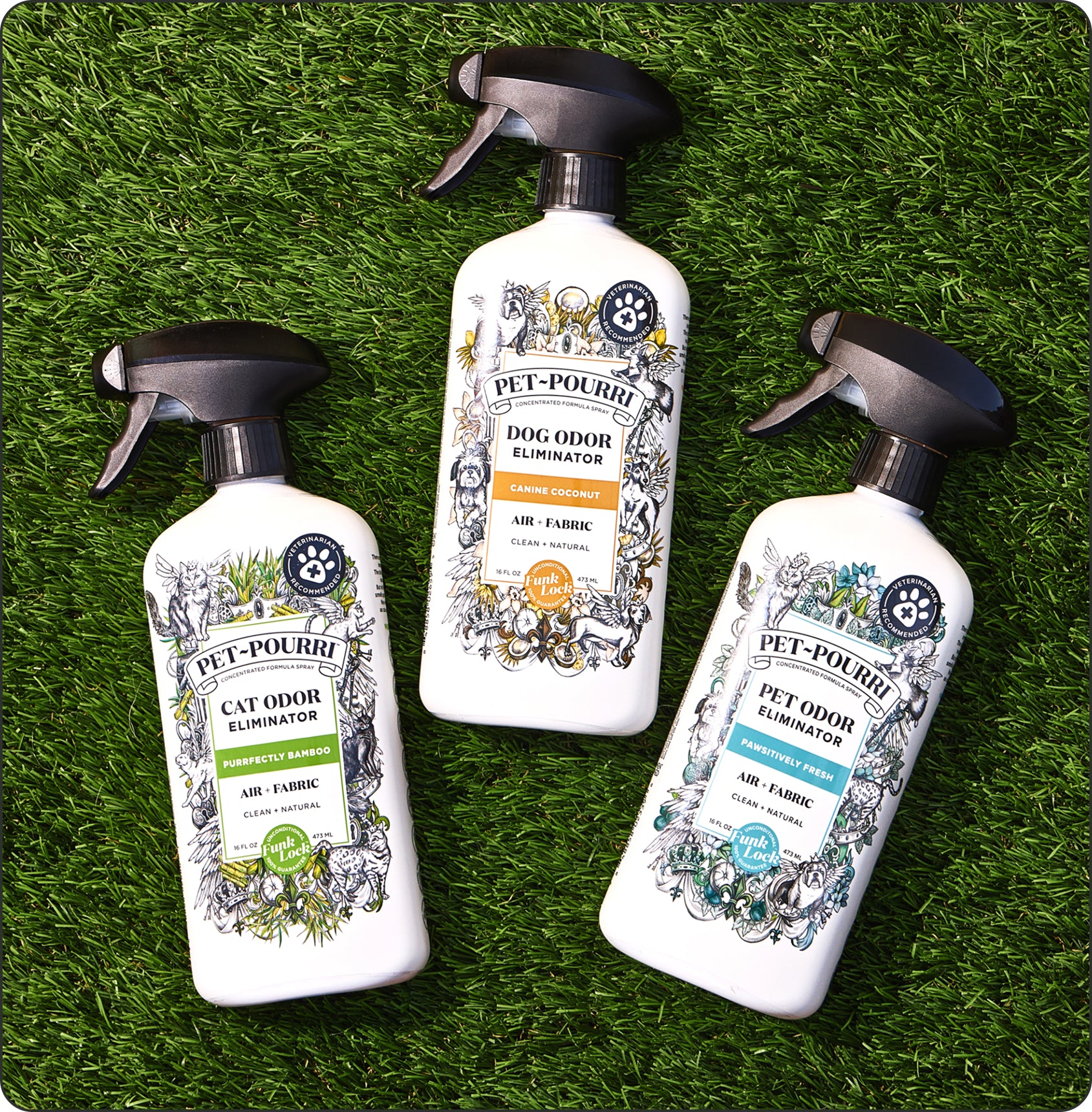Three bottles of Pet-Pourui pet odor freshener spray arranged on green grass.
