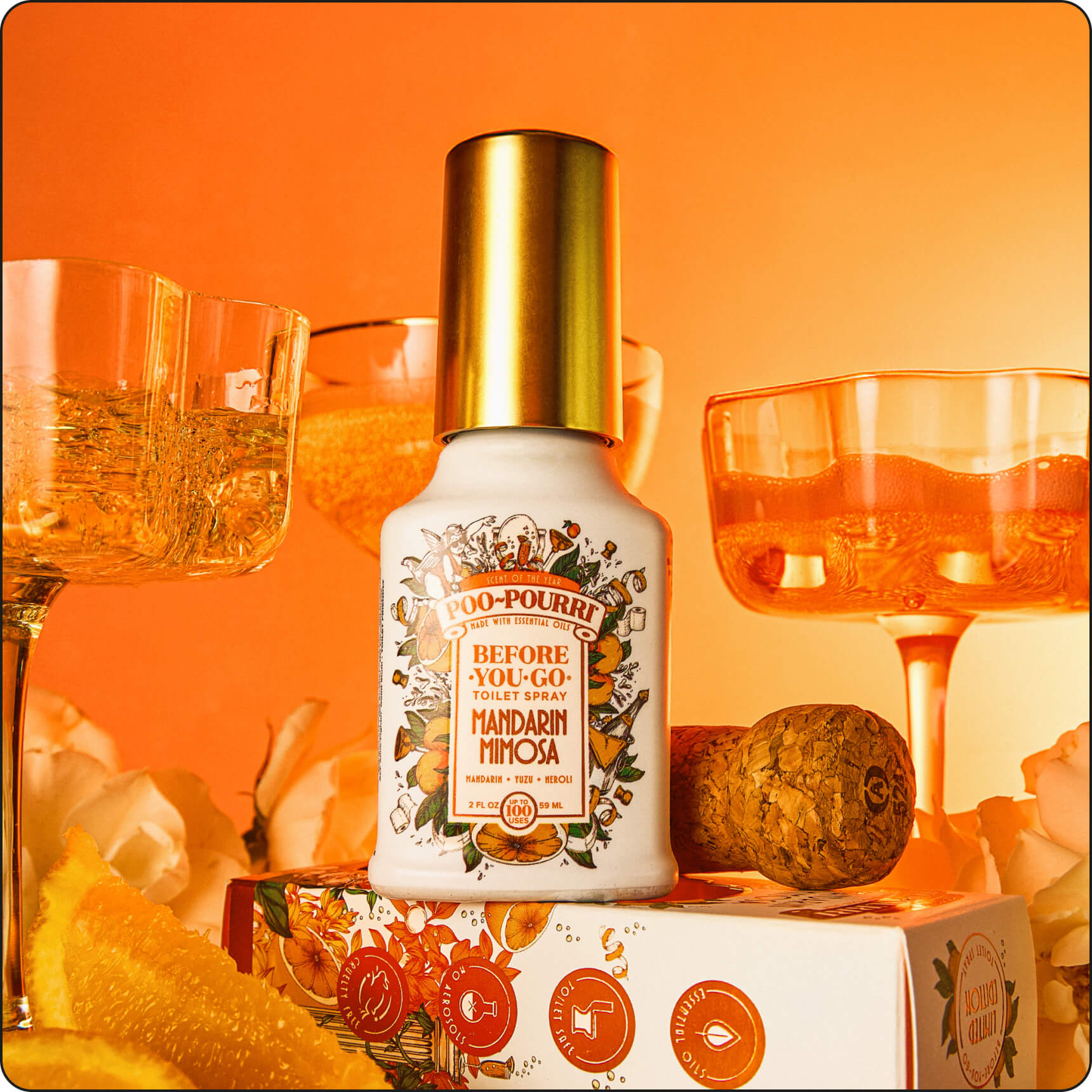 Poo-Pourri Mandarin Mimosa bottle with orange  background and decorative elements such as mimosas and orange slices.