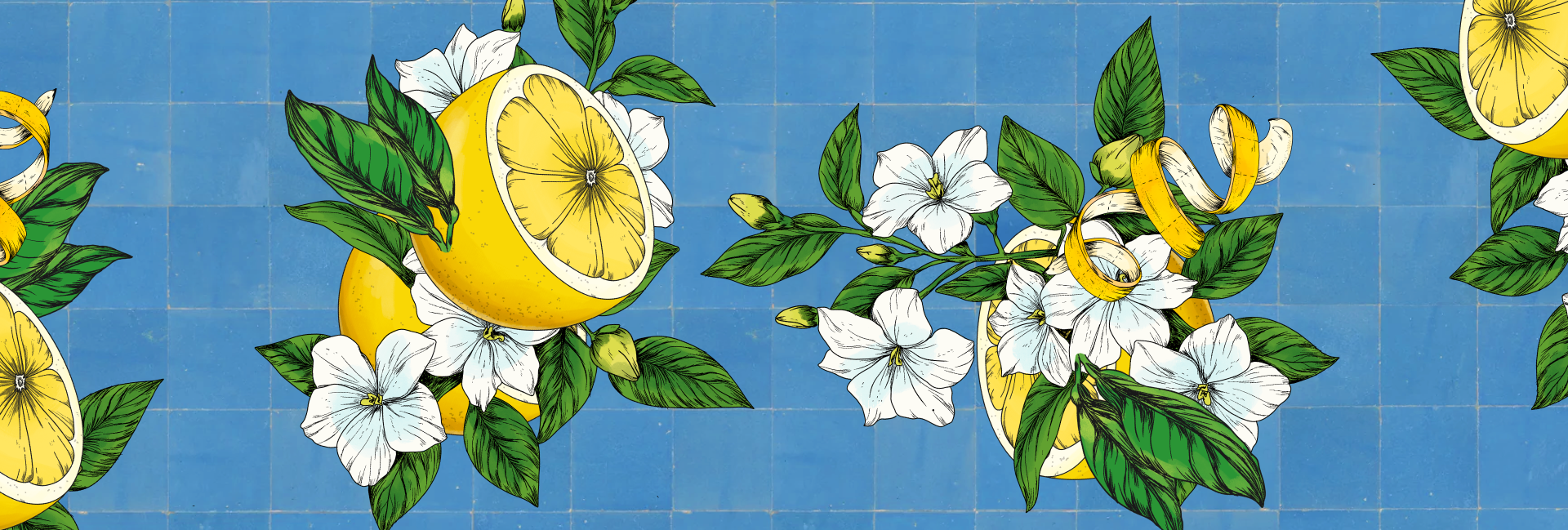 Decorative border with lemons, flowers, and leaves on a blue grid background