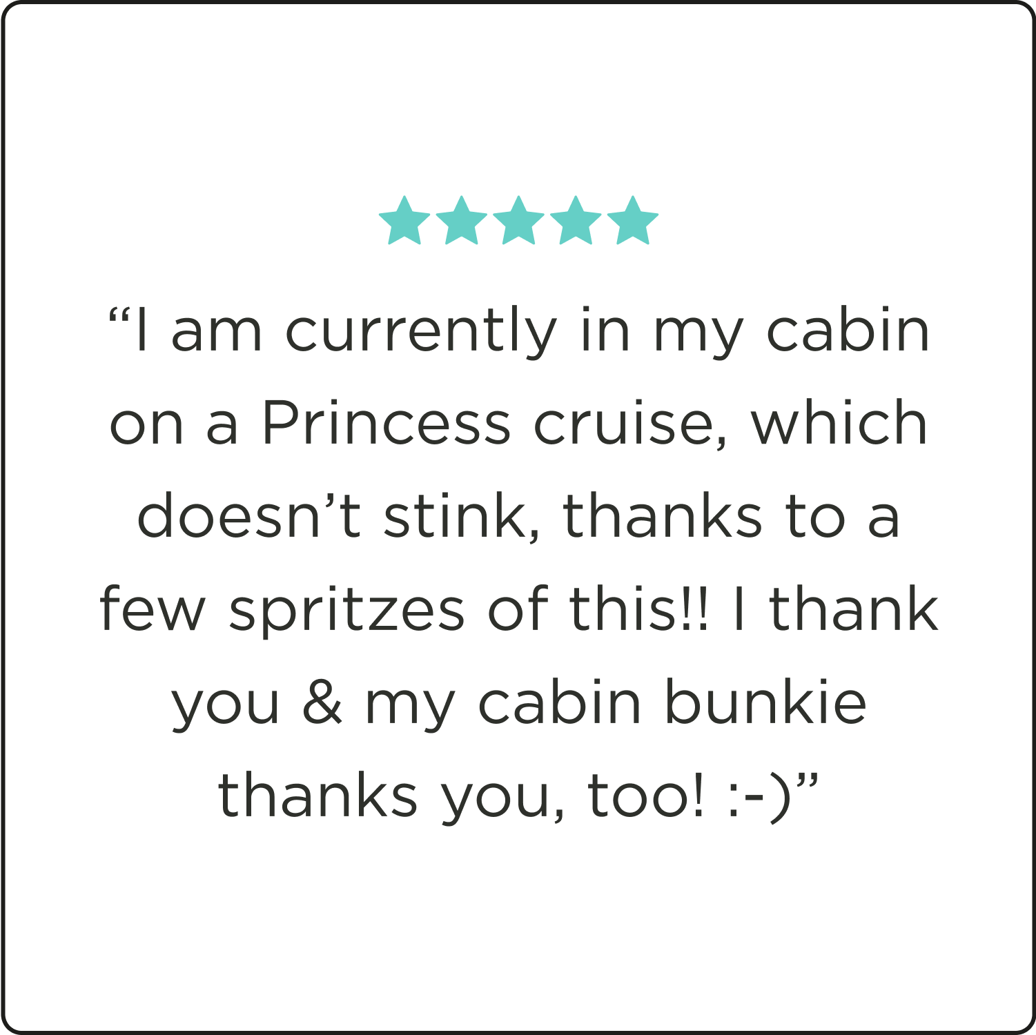 A five-star customer review praising the product for keeping a cruise cabin fresh and odor-free with a few spritzes.