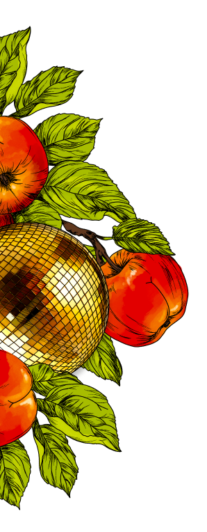 Illustration of a apples with a disco ball and leaves