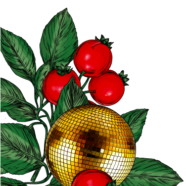 Illustration of cranberries, a gold disco ball with green leaves on a white background