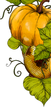 Illustration of a pumpkin with a disco ball and leaves