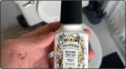 Hand holding a bottle of Poo-Pourri with a blurred bathroom background