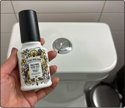 Hand holding a bottle of Poo-Pourri in front of a toilet.