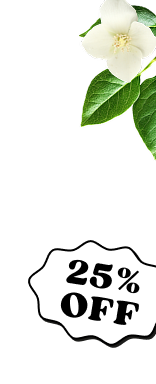 green leaves, jasmine, and 25% off badge