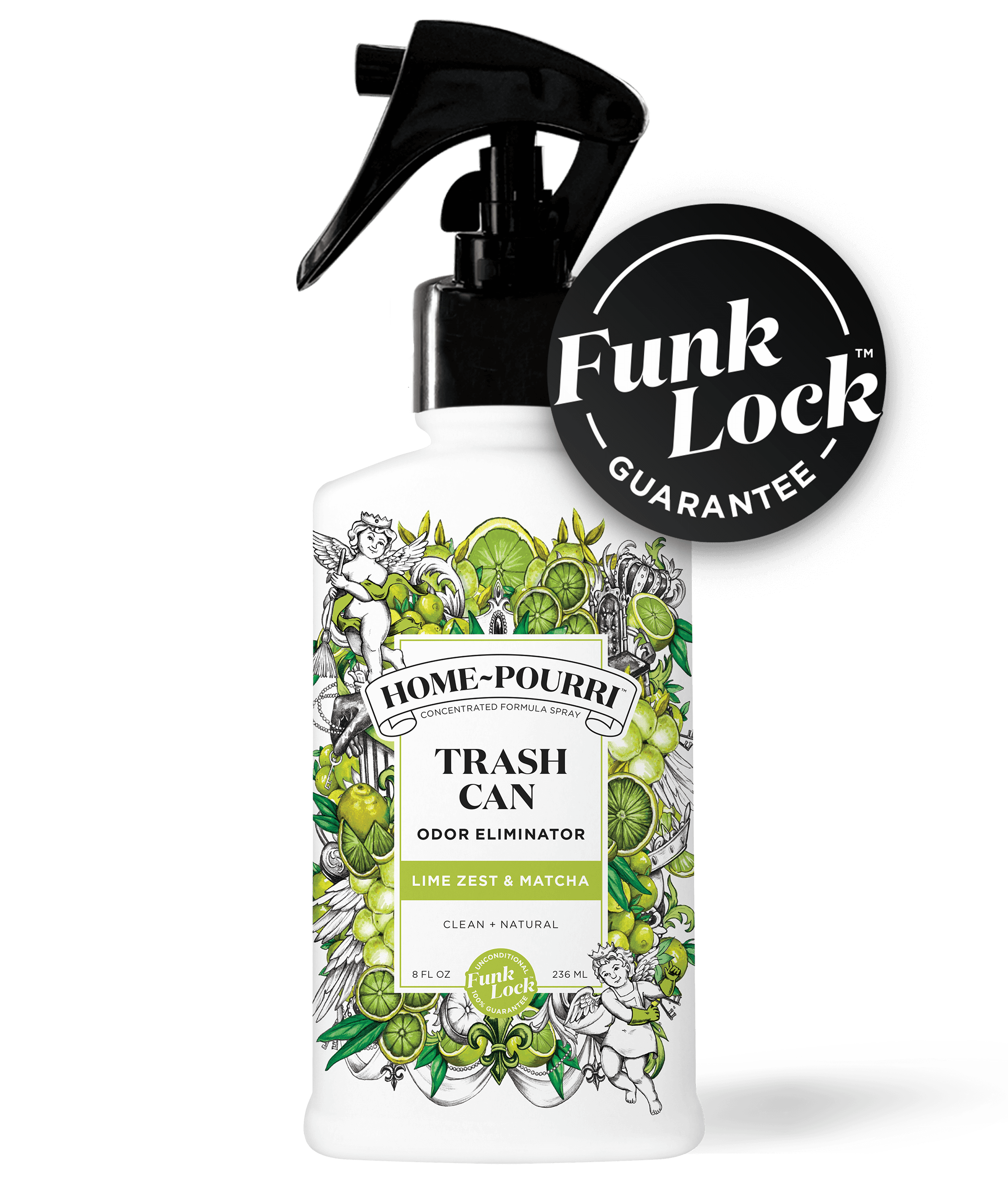 White spray bottle labeled ~Pourri Lime Zest & Matcha - Home~Spray Air Freshener for Trash Can, featuring a vibrant design and infused with refreshing essential oils.