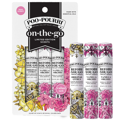 A value set of three 10ml Poo-Pourri Before-You-Go toilet sprays in limited edition scents, featuring Vanilla Orchid and Original Citrus. The packaging has floral illustrations in yellow and pink with a label that reads “On-The-Go Limited Edition Scents.