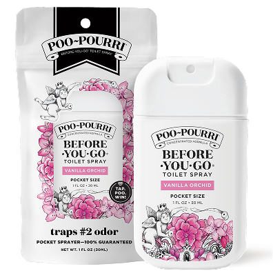 A Poo-Pourri Before-You-Go Toilet Spray in Vanilla Orchid scent, featuring a white pocket-size bottle with black and pink label detailing. The packaging in the background showcases orchids, cherubs, and toilet paper illustrations and text highlighting up to 50 uses and odor-trapping benefits.