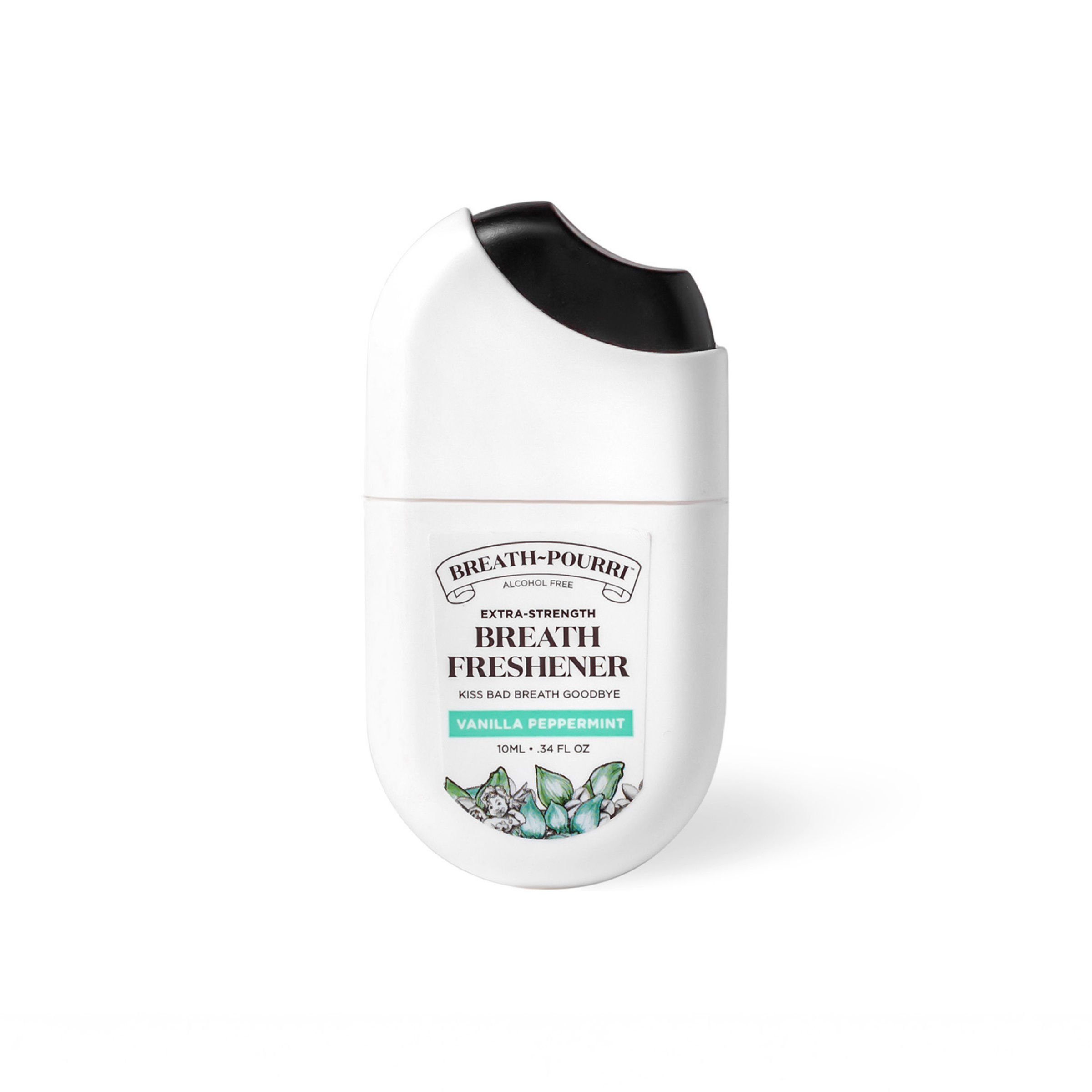 Pocket-sized white bottle of ~Pourri Extra Strength Breath Freshener, alcohol-free in vanilla peppermint flavor.