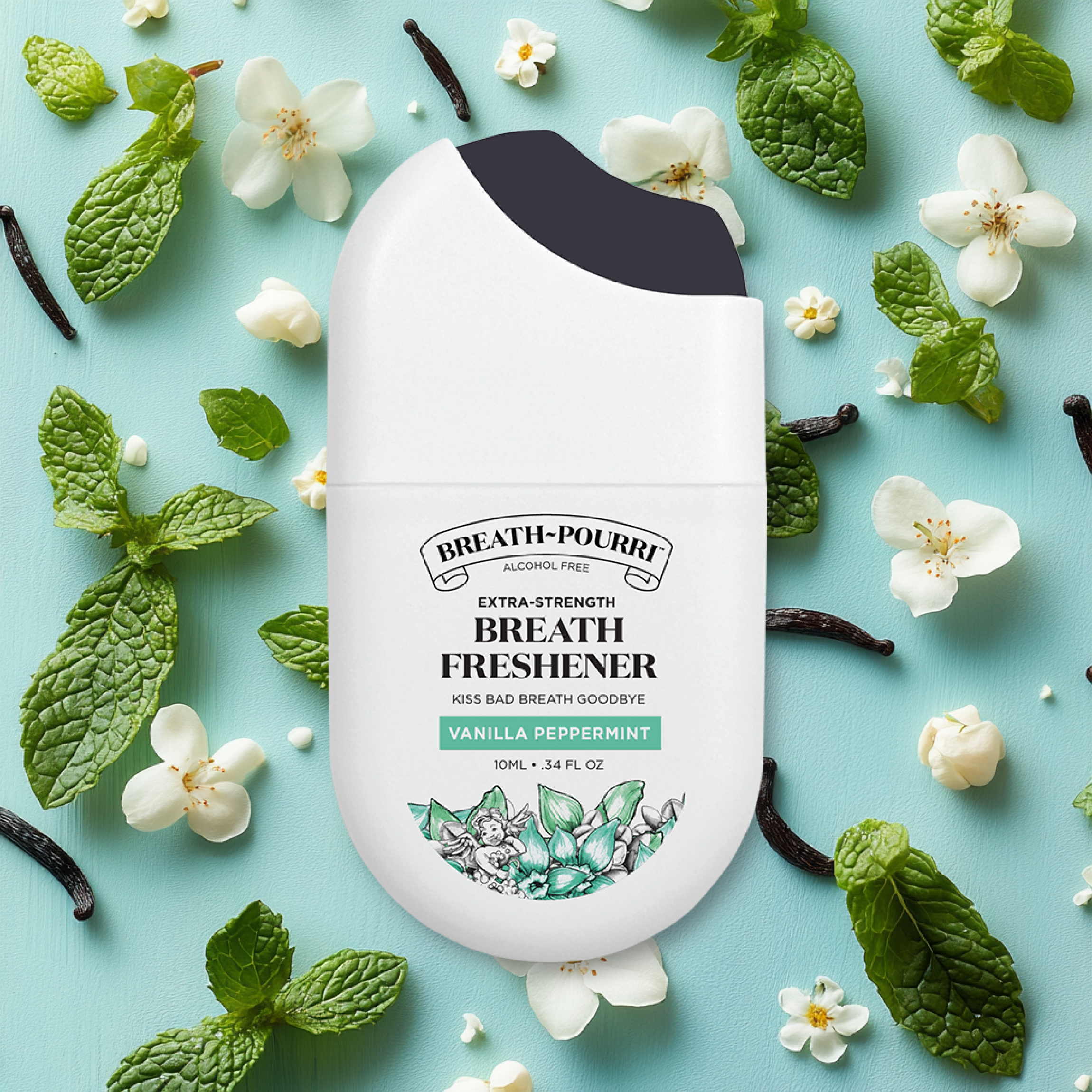 ~Pourris Extra Strength Breath Freshener, now alcohol-free and pocket-sized, is displayed with mint leaves, vanilla pods, and white flowers on a light teal background.
