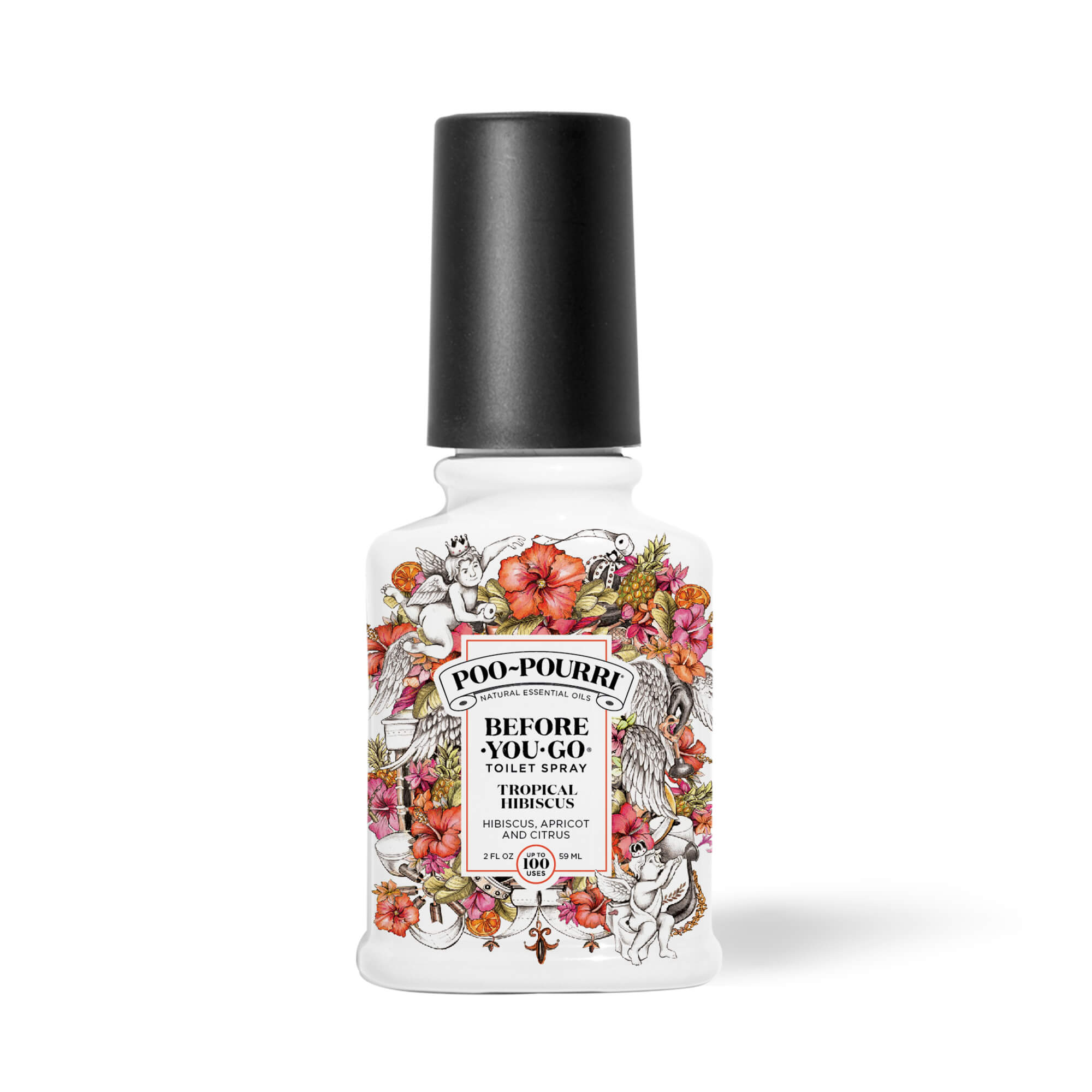 Poo-Pourri Before-You-Go Toilet Spray in a white bottle with a black cap, featuring a tropical hibiscus-themed floral illustration on the label. Scent: Hibiscus, Apricot, and Citrus.