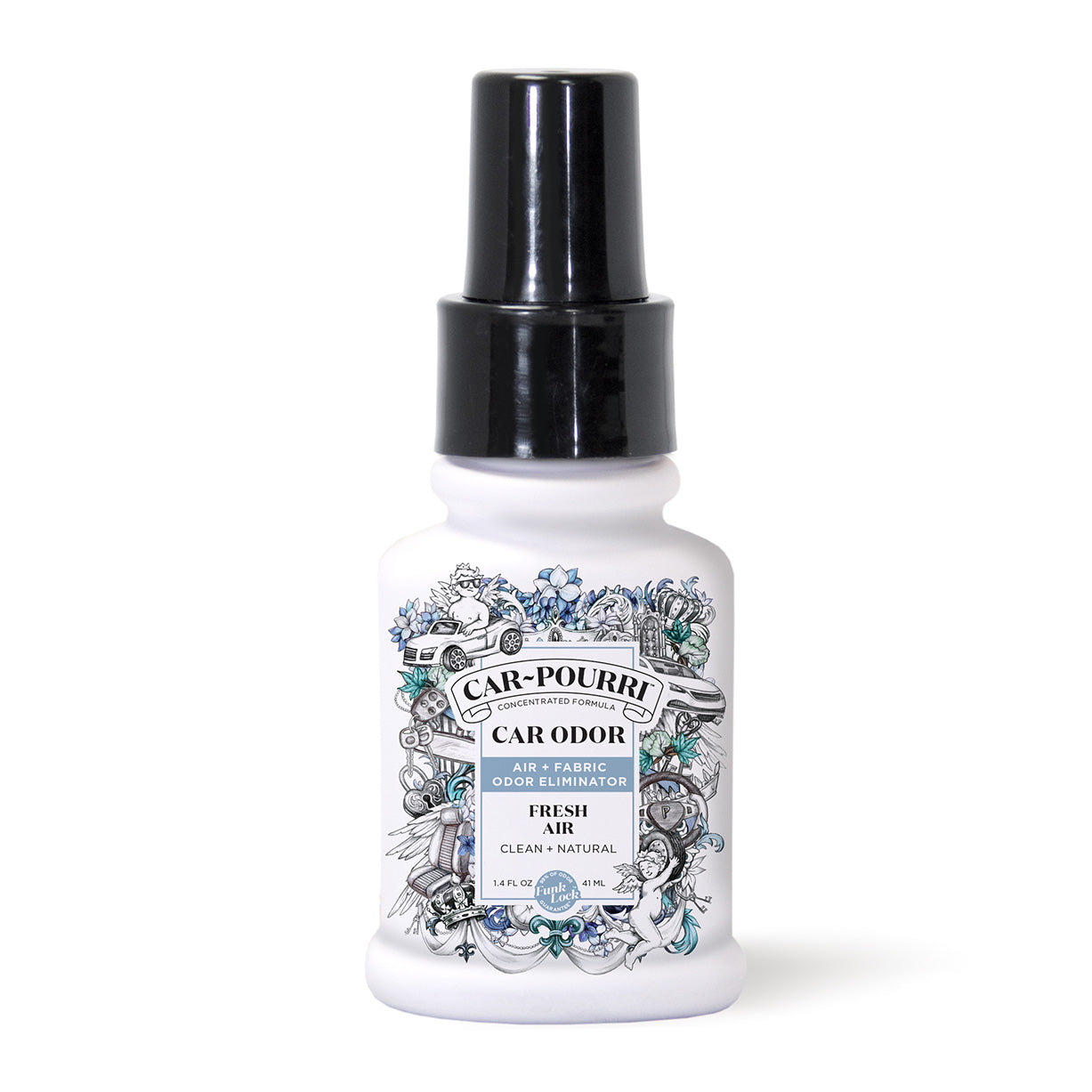 White spray bottle, branded as ~Pourris Fresh Air - Car~Pourri, designed to freshen car odors, features floral designs and essential oils.