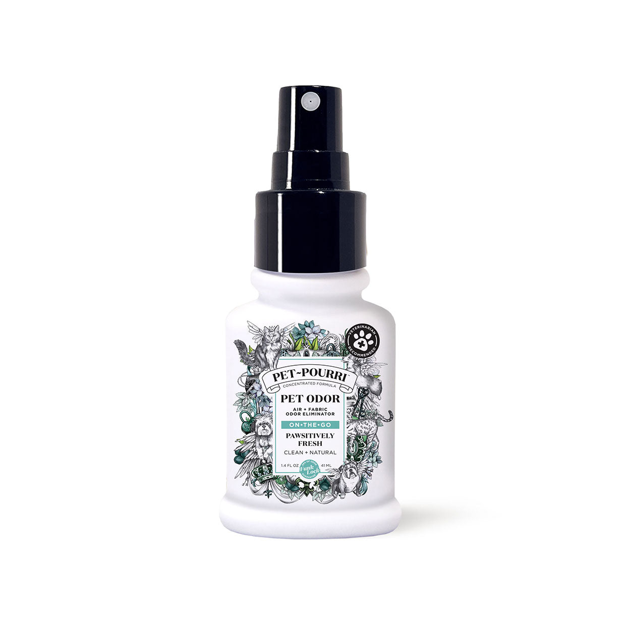 Poo~Pourri Pet Odor On-The-Go Air & Fabric Odor Freshener Spray in a compact white bottle with a black spray nozzle, featuring an illustrated label with animals and botanical elements.