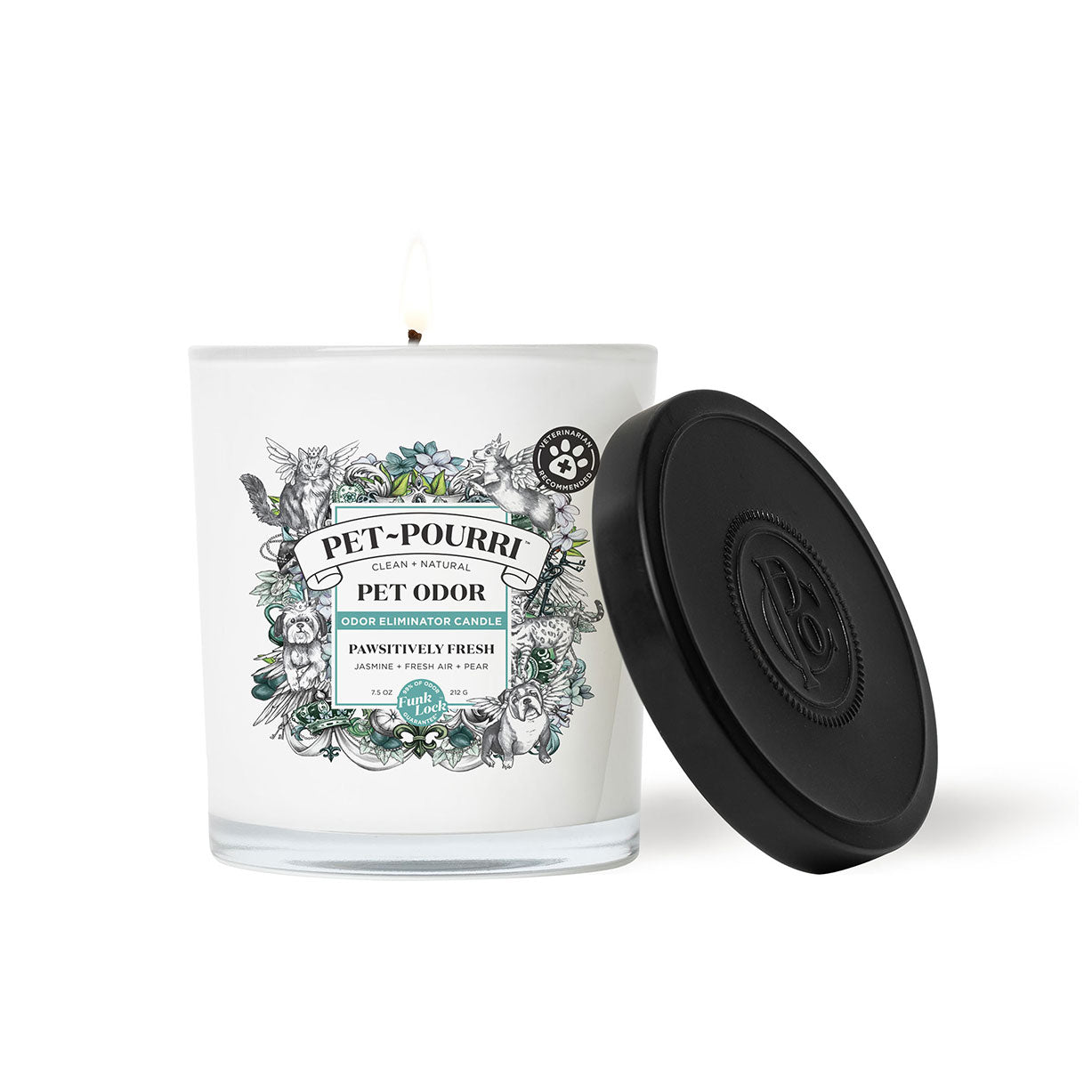 Poo~Pourri Pet Odor Freshener Candle in a white glass jar with a black lid, featuring an illustrated label with animals and botanical elements.