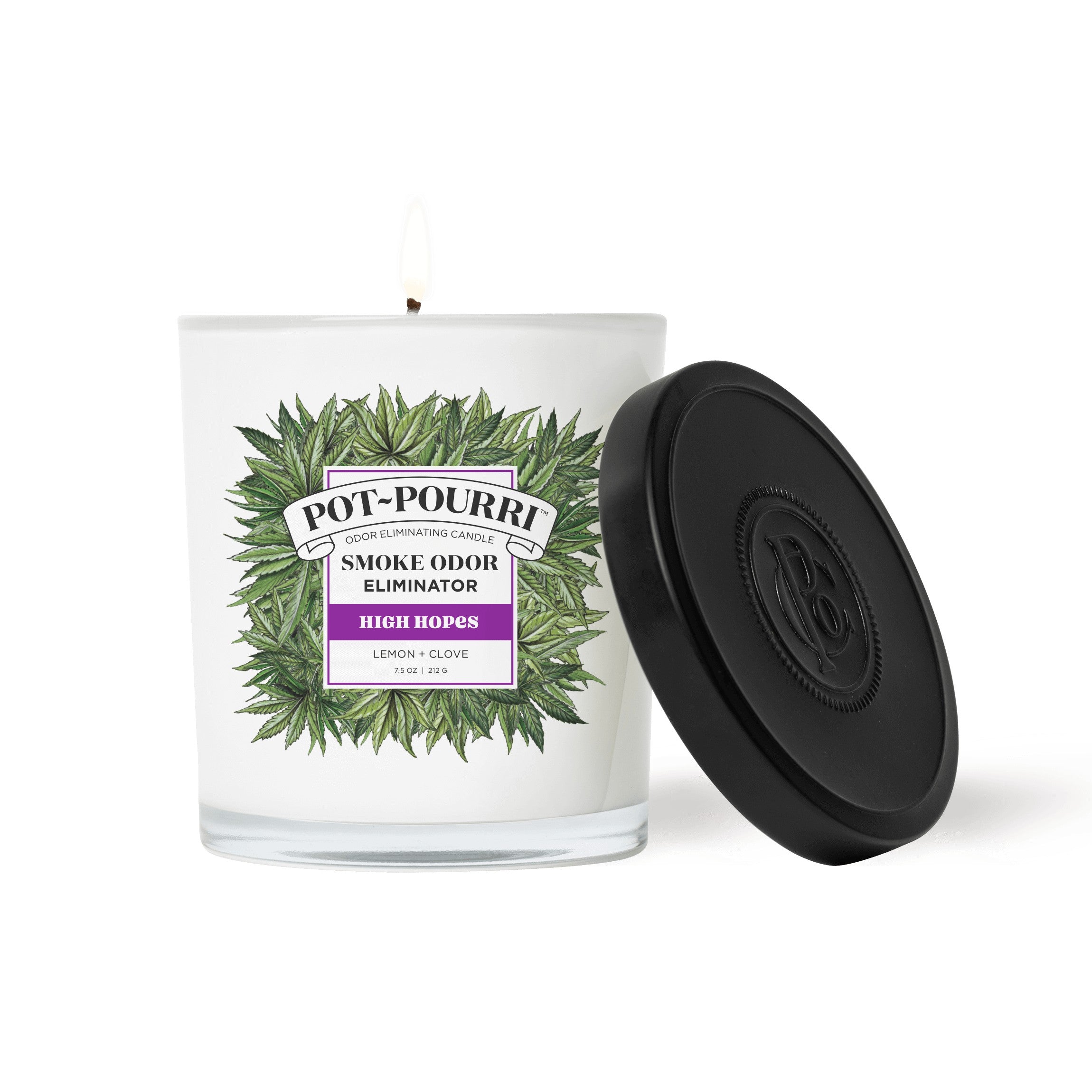 The High Hopes Candle by ~Pourri is designed with a green leaf on white, Lemon + Clove, and features advanced Funk Lock Technology. It comes with a sleek black lid and is perfect for those who love Pot~Pourri candles for a fresh touch.