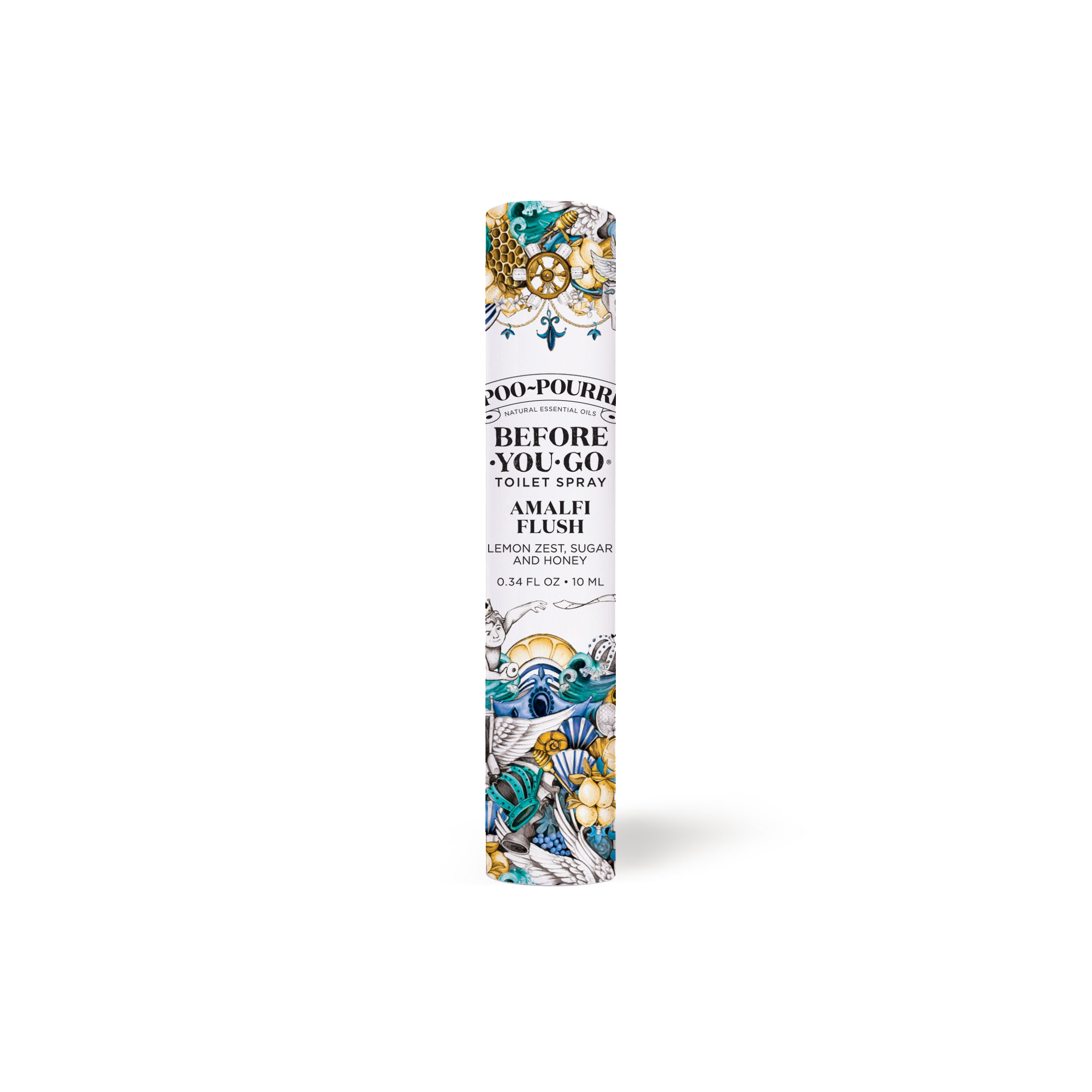 The ~Pourri Amalfi Flush 10ml toilet spray bottle features a floral and ocean-themed design with a refreshing tart lemon scent.